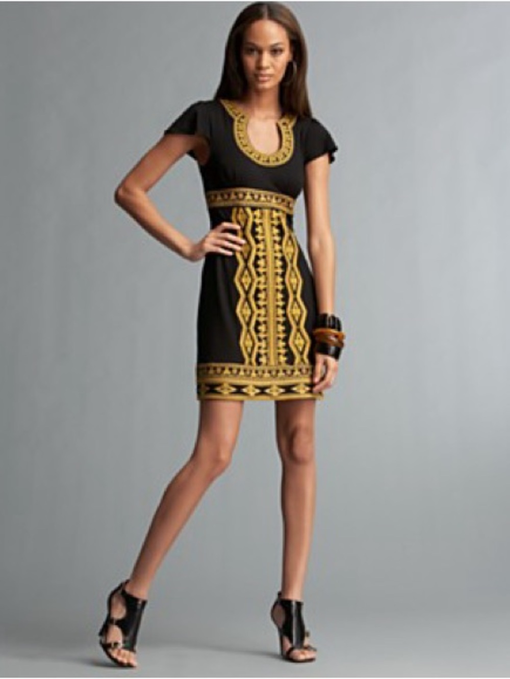 INC International Concepts Black Dress with Gold Embroidered Trim